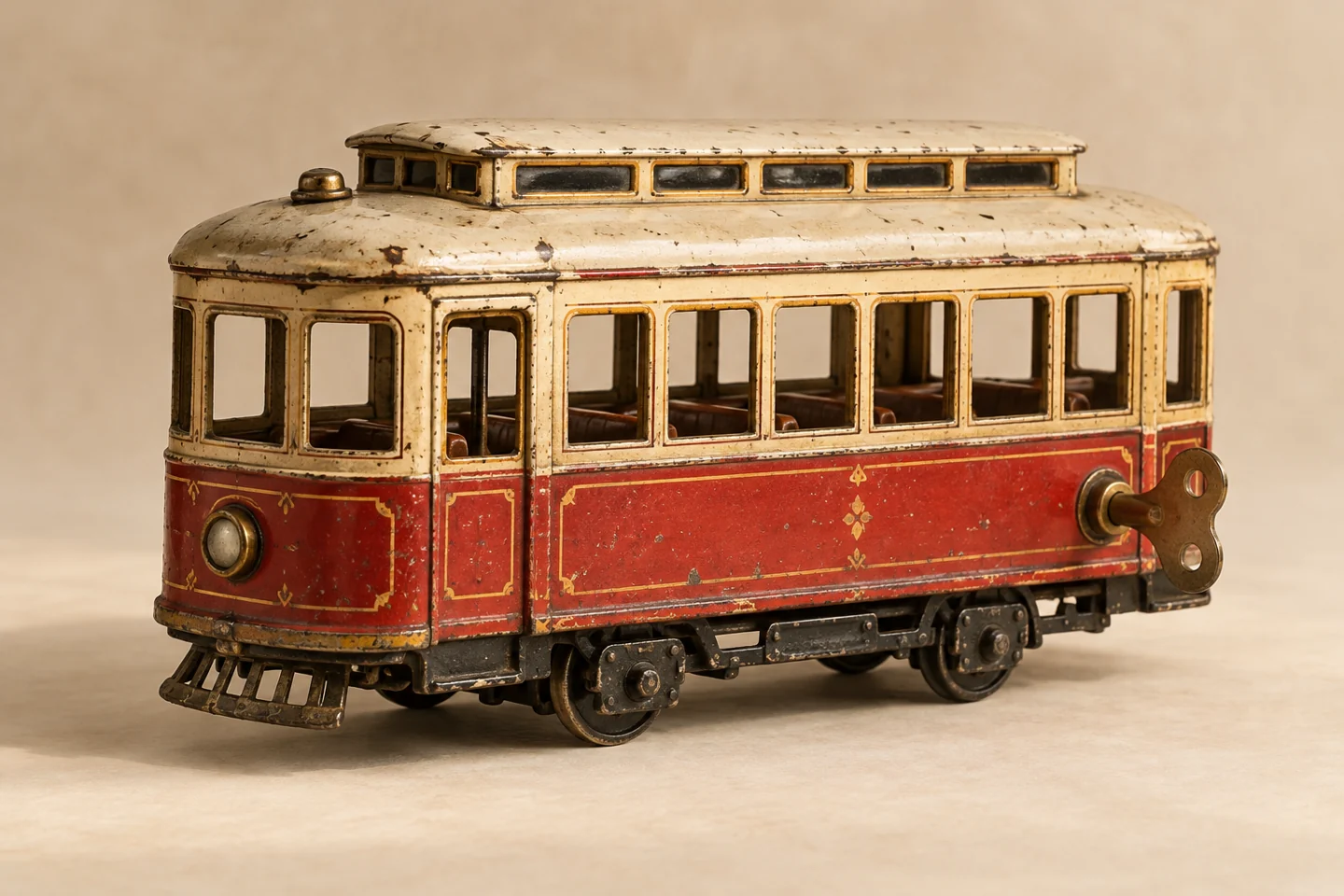 クリーム色と赤のブリキの路面電車のイメージ